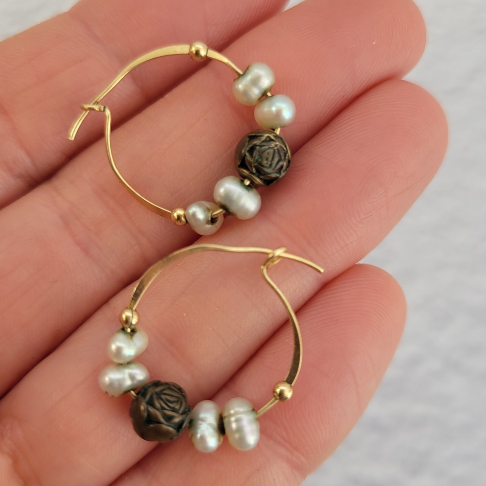 Delicate Gold Tone Hoop Earrings Pearls and Carved Rose Bead Vintage Style
